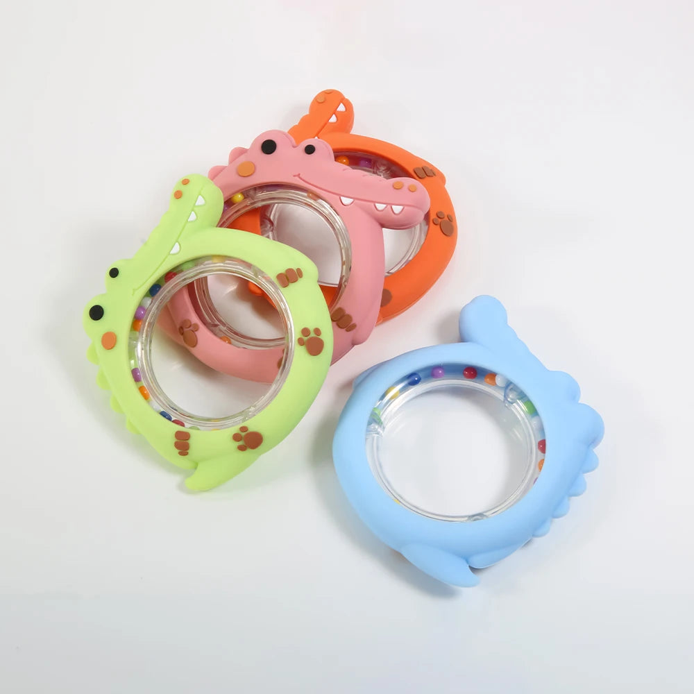 4 Pack Crocodile Baby Teething Rattle Toy BPA Free Silicone Teether Ring Infant Hand Shaker Bell Toy Newborn Chew Teething Toy for 0-12 Months