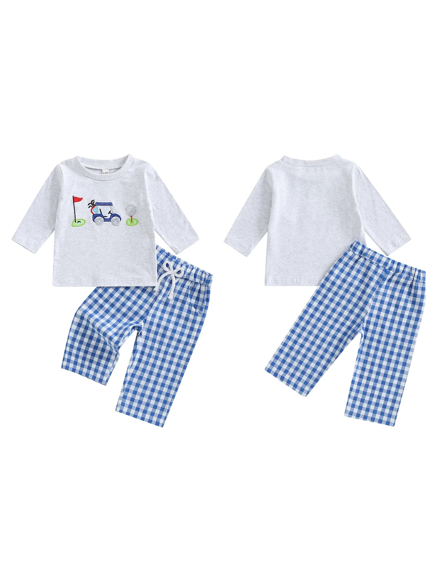 Infant Boy Autumn Outfit Embroidered Golf Long Sleeve Sweater with Round Neck and Plaid Pants with Elastic Waistband