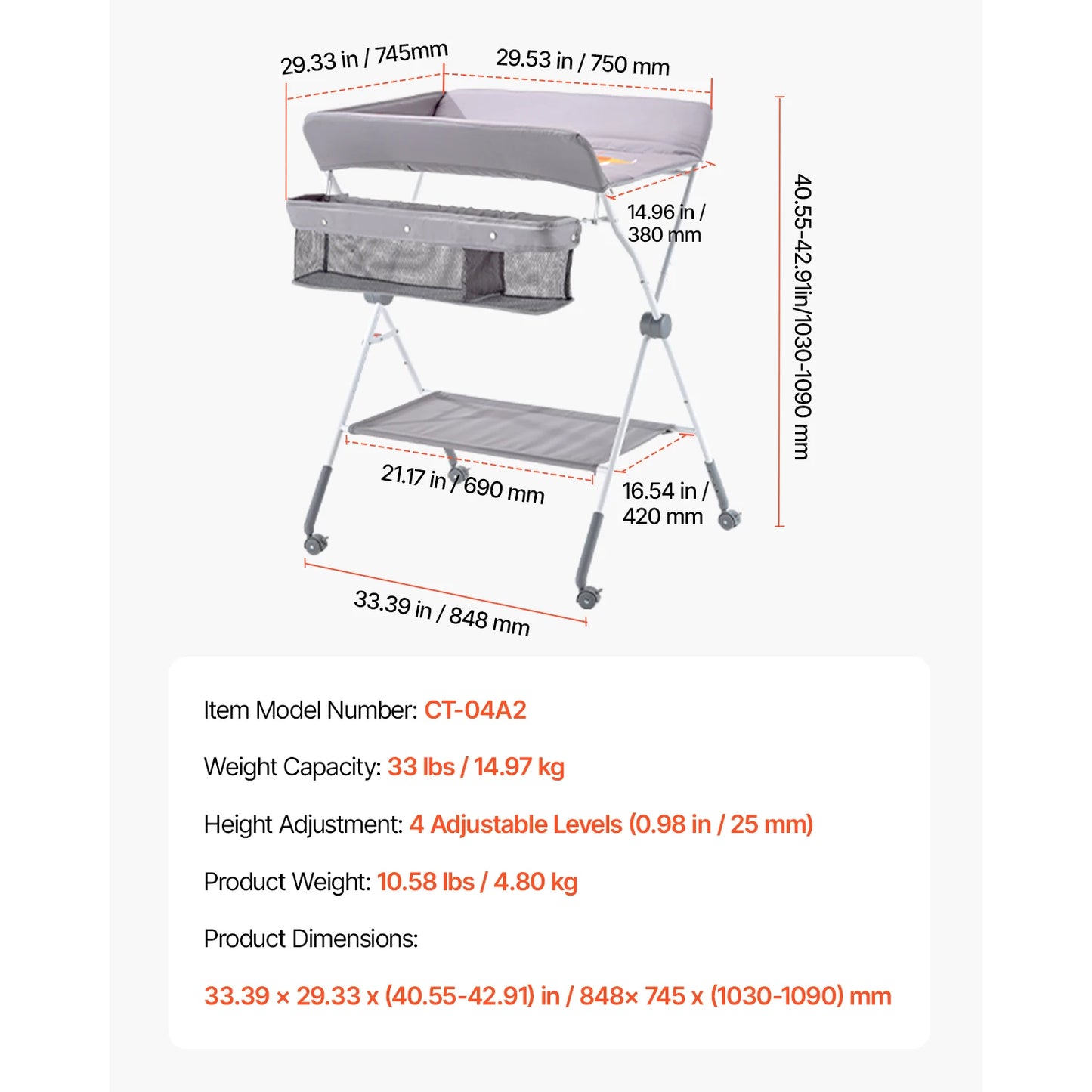 SucceBuy Baby Changing Table Foldable Diaper Change Station with 2 Fabric Drawers Side Basket & Hanging Rod Adjustable Height