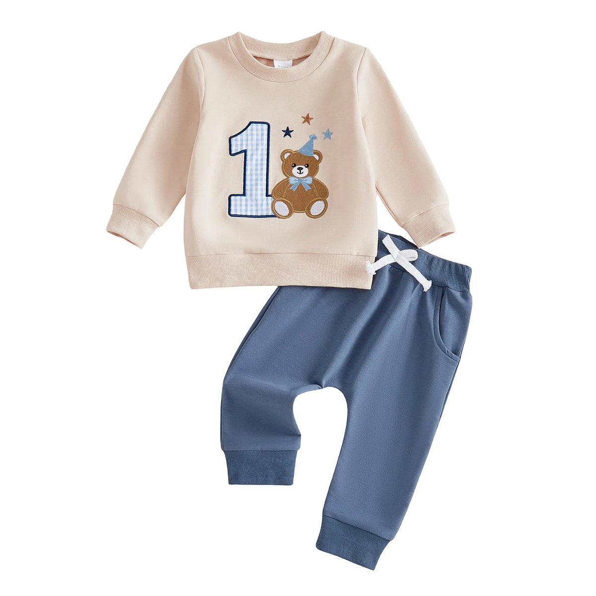 Sweatshirt 1 St-Birthday Letter Neck Sweatshirt Pants Boy 1 St Embroidery-Crew-Neck Baby Boy 1 St Baby