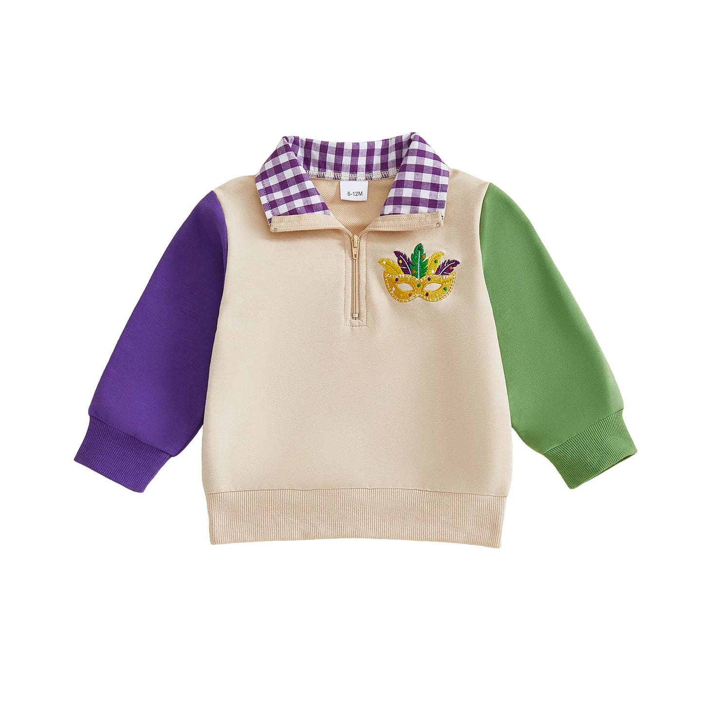 Adorable Infant Boys Stylish MardiGras Face Mask Embroidered Collared Shirt with Long Sleeves - Trendy Pullover