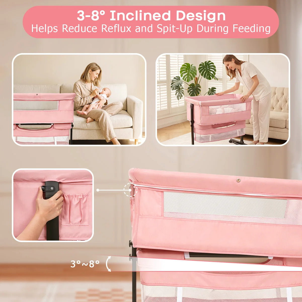 Kmaier Pink Portable Newborn Baby Cot 3 Adjustable Modes, Multifunctional Bedside Sleeper Bassinet, Convertible Cradle