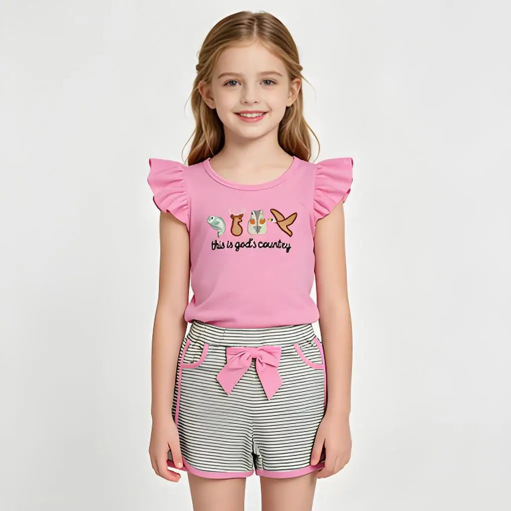 Toddler Girls 2 Piece Summer Outfit Flutter Sleeve Ruffle Tunic Top Solid Shorts Clothes Set