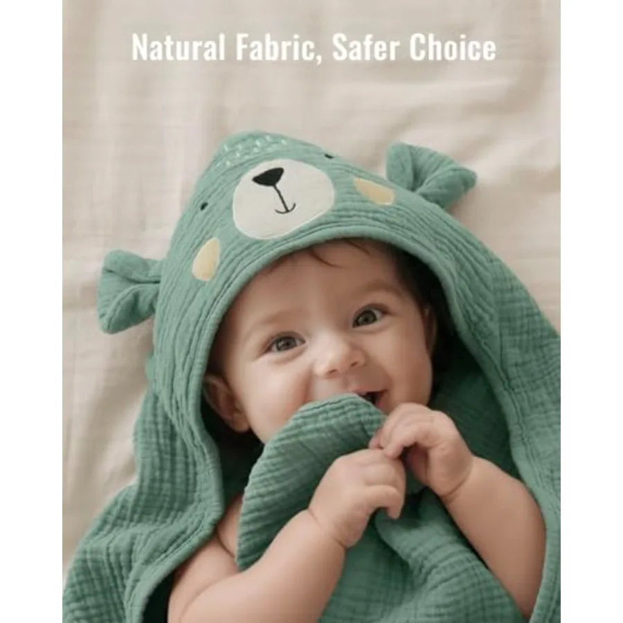 Blissful Diary Muslin Baby Hooded Towel, Soft and Absorbent Bath Towel for Newborn, Infant, Toddler, Unisex, 32″x32″
