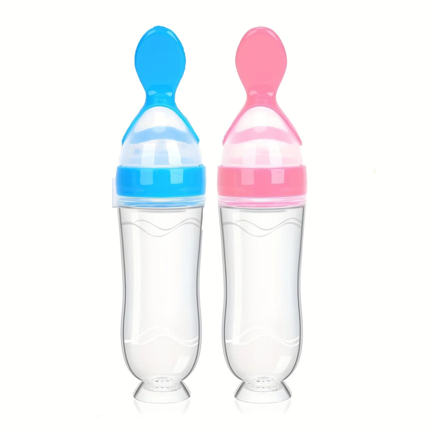3pcs/2pcs 90ml/3oz Silicone Baby Bottle with Spoon Feeder and Suction Cup,Food Supplement Rice Cereal Squeeze Bottle Spoon Milk Feeding Bottle