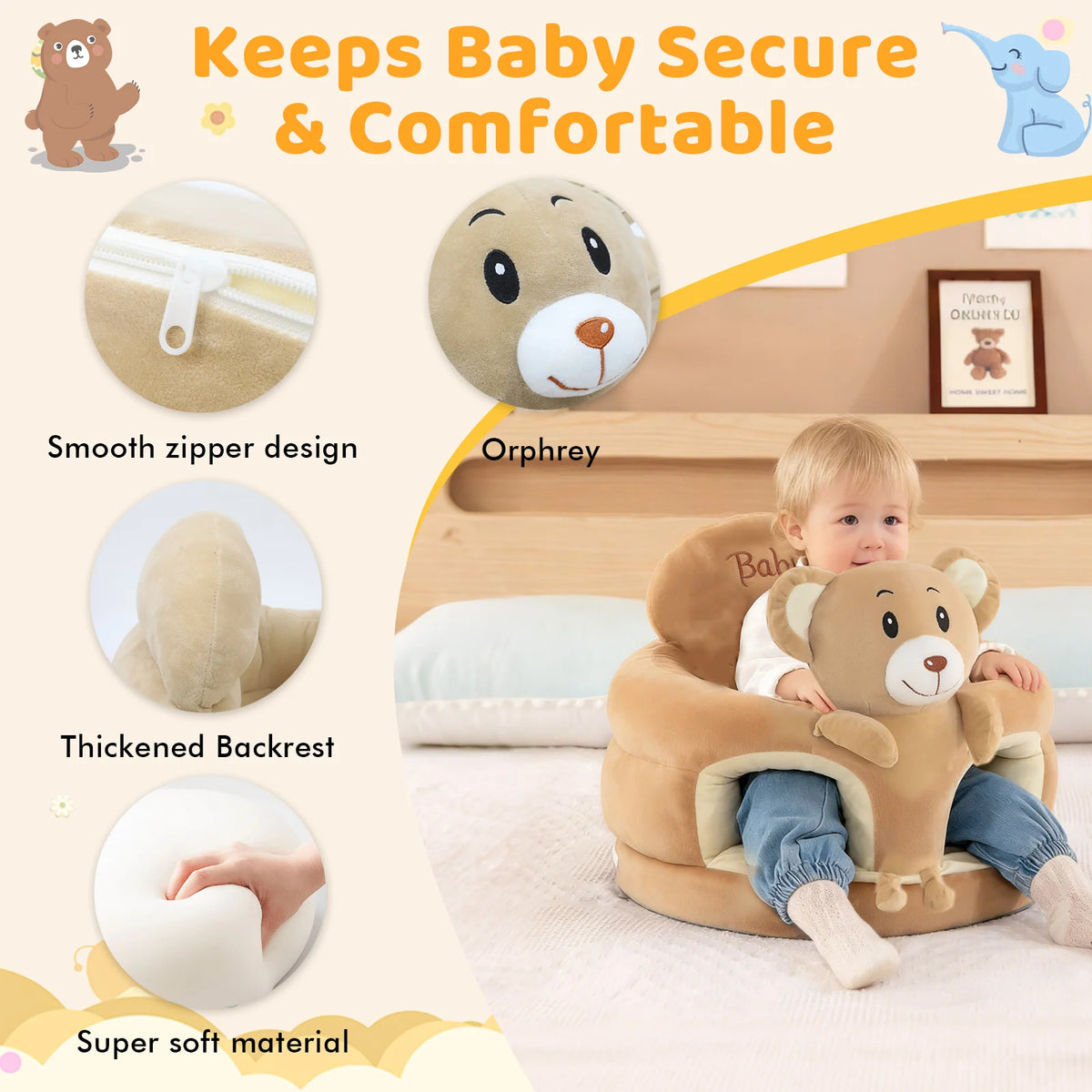 Baby Floor Seat, Animal Shaped Plush Infant Learning Sofa Chair, Anti-Slip Support Seat for Baby Learning to Sit Up, Great Gift for Newborn Boys Girls