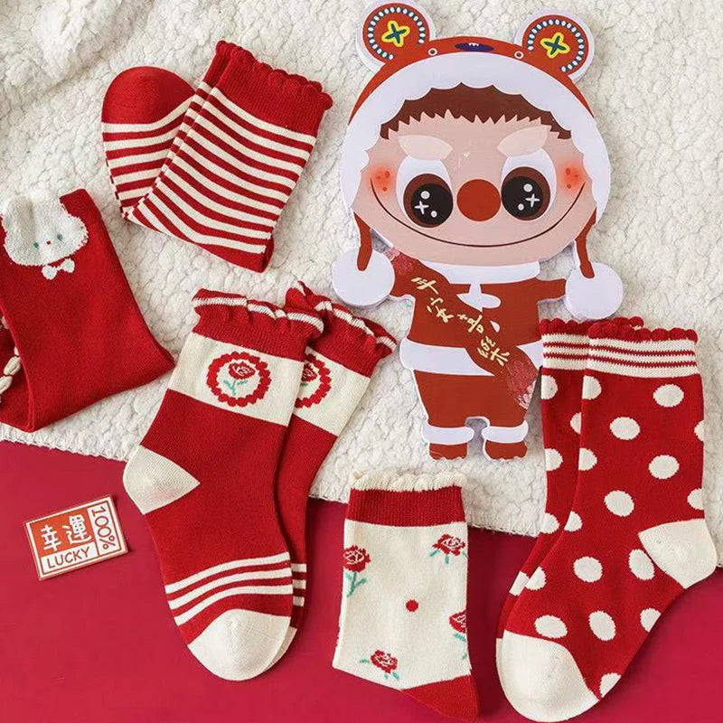 5 Pairs Warm Children Girls Mid-calf Socks Festivial Celebration Red Color Lucky Symbol FLoral Rabbits Comfortable Soft Soks