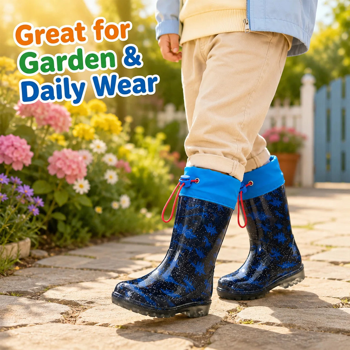 Kids Dinosaur Glitter Rain Boots Drawstring Waterproof Anti-slip Comfort Flexible Boys Outdoor Rain Wellies