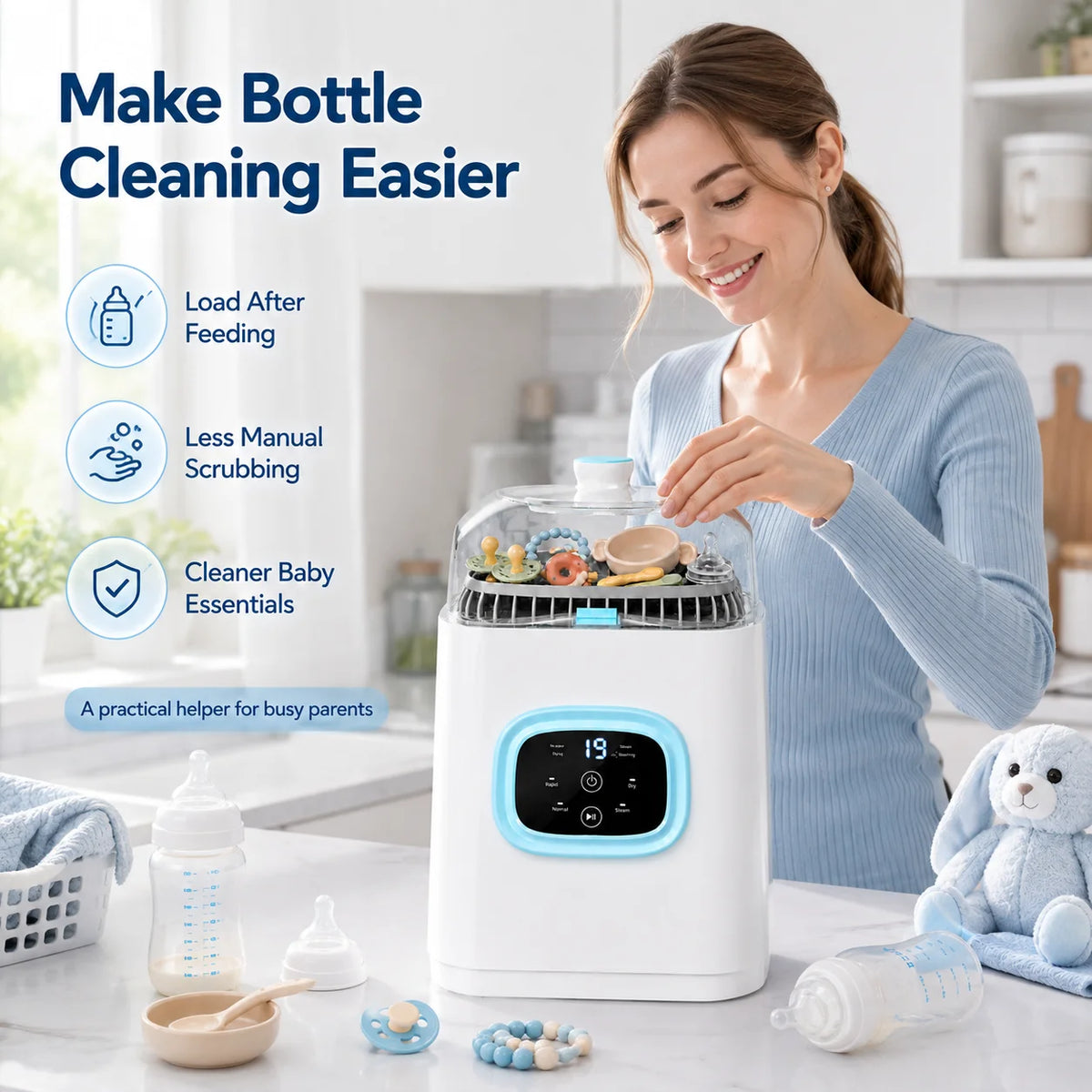 Baby Bottle Washer Dryer and Sterilizer, Bottle Washer Machine Baby, 4‑in‑1 Automatic Washer‑Sterilizer‑Dryer‑Storage Station, Smart Digital Display with Normal & Rapid Dual Wash Modes, 12L Large‑Capacity Baby Fee