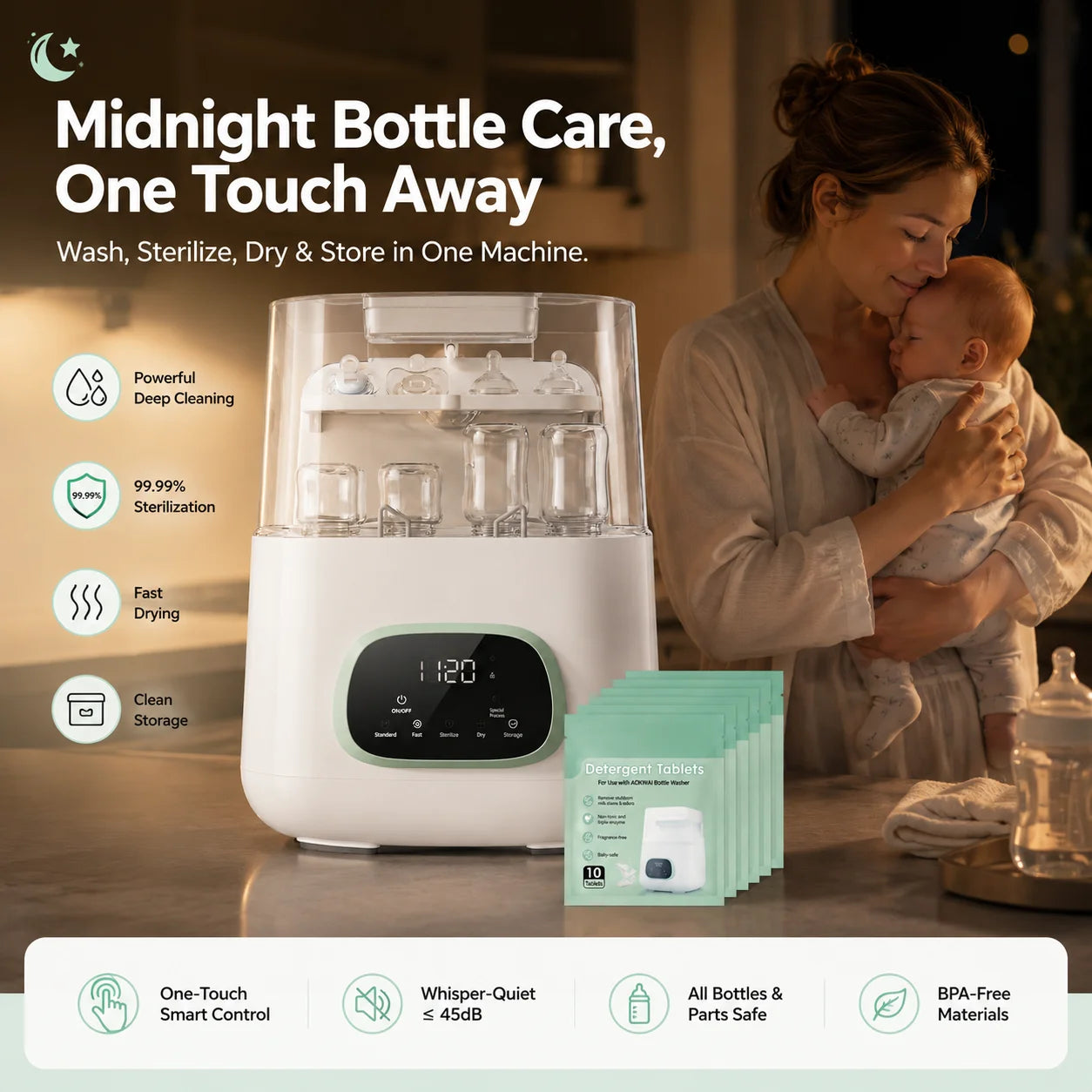 Kmaier Baby Bottle Washer Sterilizer  Wash Sanitize And Dry 4-in-1 Automatic All in One, Large Capacity Bottle Washer for Bottles, Multiple Cleaning Modes,Nipples and Accessories