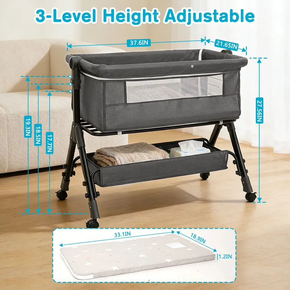 Baby Bedside Bassinet Co‑Sleeper, Height Adjustable Infant Bedside Crib with Mosquito Canopy, Large Storage Basket Lockable Wheels for Newborn, 3 Colors Optional
