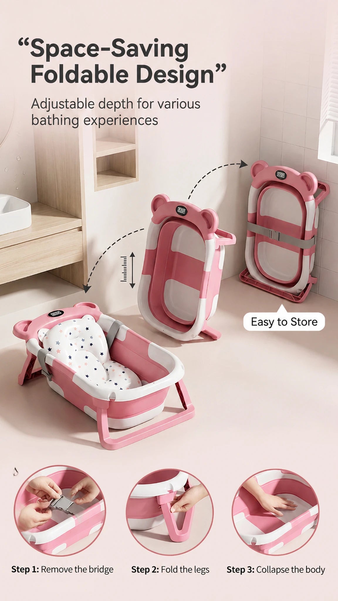 UBRAVOO Foldable Baby Bathtub Set With Detachable Parts And Temperature Display; Suitable For Newborns And Infants Aged 0 To 36 Months.