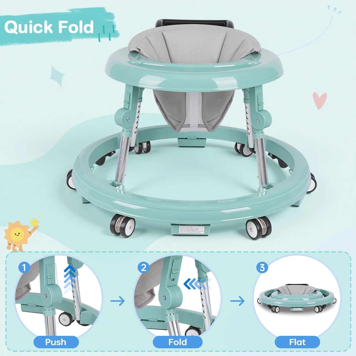 Foldable Anti-Rollover Baby Walker, Height Adjustable Toddler Walking Helper with Anti-Slip Silent Wheels, Soft Washable Seat & Rear Push Handle, Home Safety Anti-Fall Activity Walker for 6-18M Infant