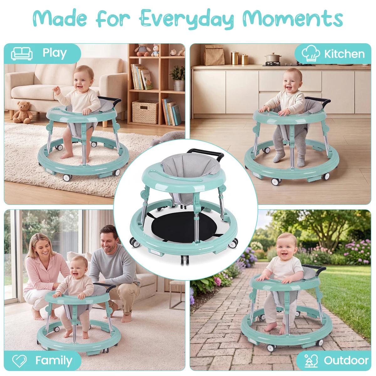 Foldable Anti-Rollover Baby Walker, Height Adjustable Toddler Walking Helper with Anti-Slip Silent Wheels, Soft Washable Seat & Rear Push Handle, Home Safety Anti-Fall Activity Walker for 6-18M Infant