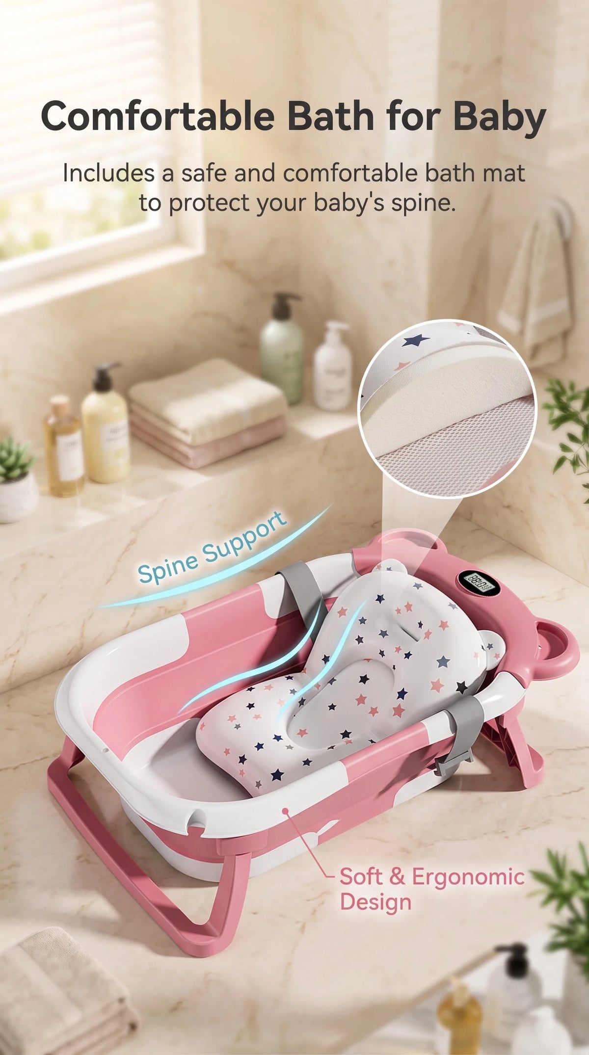 UBRAVOO Foldable Baby Bathtub Set With Detachable Parts And Temperature Display; Suitable For Newborns And Infants Aged 0 To 36 Months.