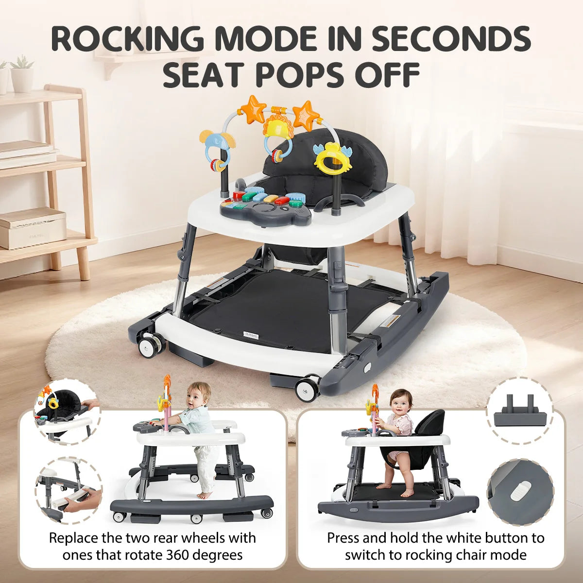 Kmaier Multi‑Mode Infant Activity Learning Walker, Anti‑Fall Toddler Push‑Along Helper With Play Rattle Toys, Height Customizable Baby Mobility Trainer For Early Growth Development