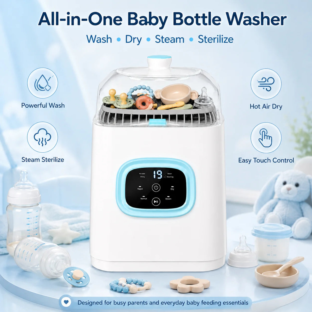 Baby Bottle Washer Dryer and Sterilizer, Bottle Washer Machine Baby, 4‑in‑1 Automatic Washer‑Sterilizer‑Dryer‑Storage Station, Smart Digital Display with Normal & Rapid Dual Wash Modes, 12L Large‑Capacity Baby Fee