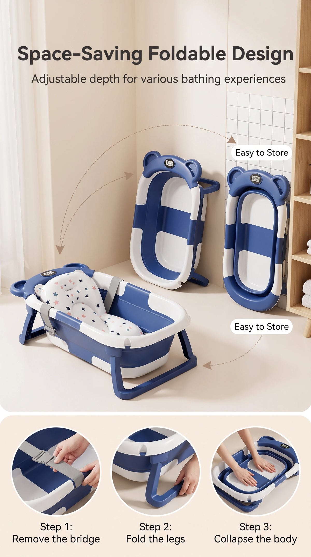 UBRAVOO Foldable Baby Bathtub Set With Detachable Parts And Temperature Display; Suitable For Newborns And Infants Aged 0 To 36 Months.