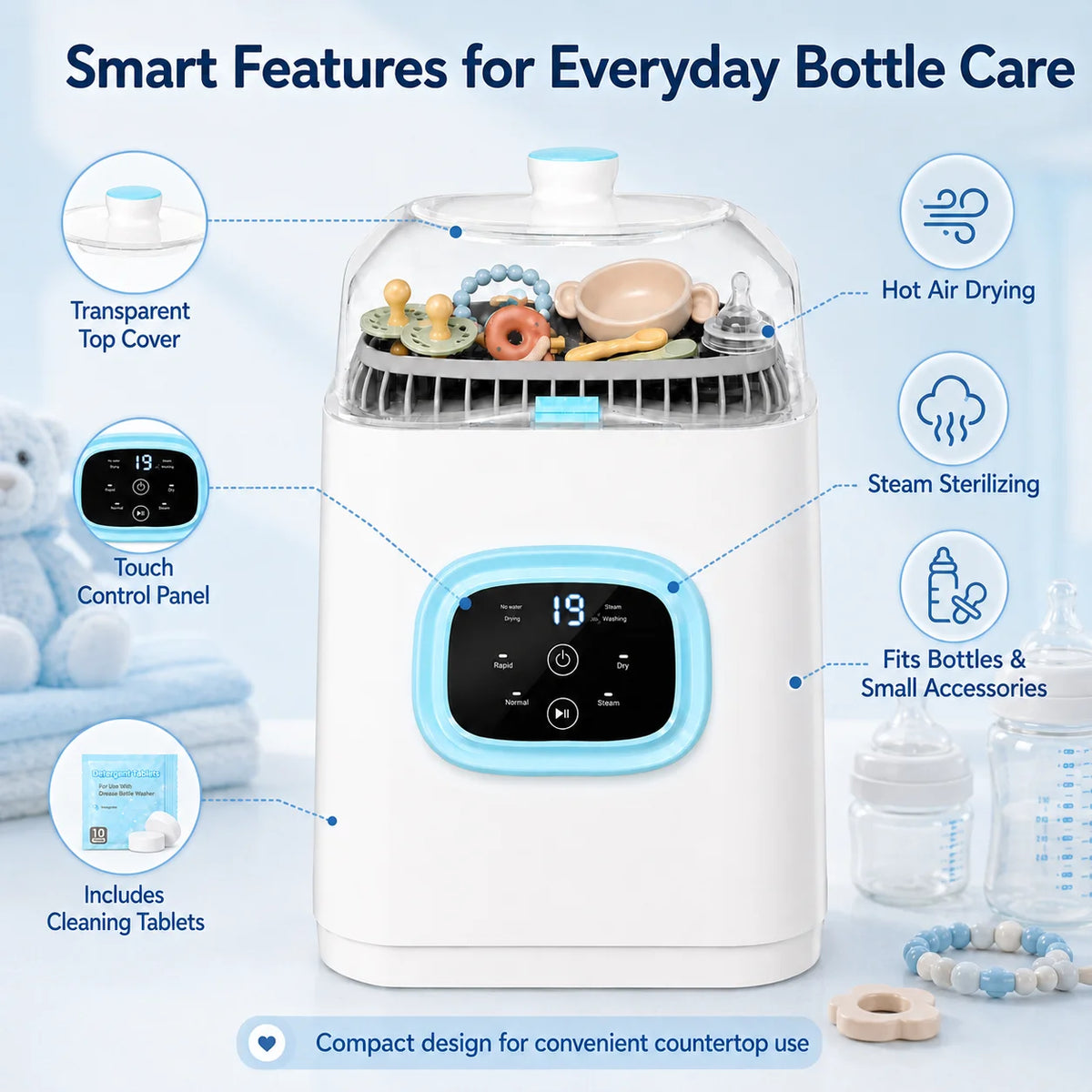 Baby Bottle Washer Dryer and Sterilizer, Bottle Washer Machine Baby, 4‑in‑1 Automatic Washer‑Sterilizer‑Dryer‑Storage Station, Smart Digital Display with Normal & Rapid Dual Wash Modes, 12L Large‑Capacity Baby Fee