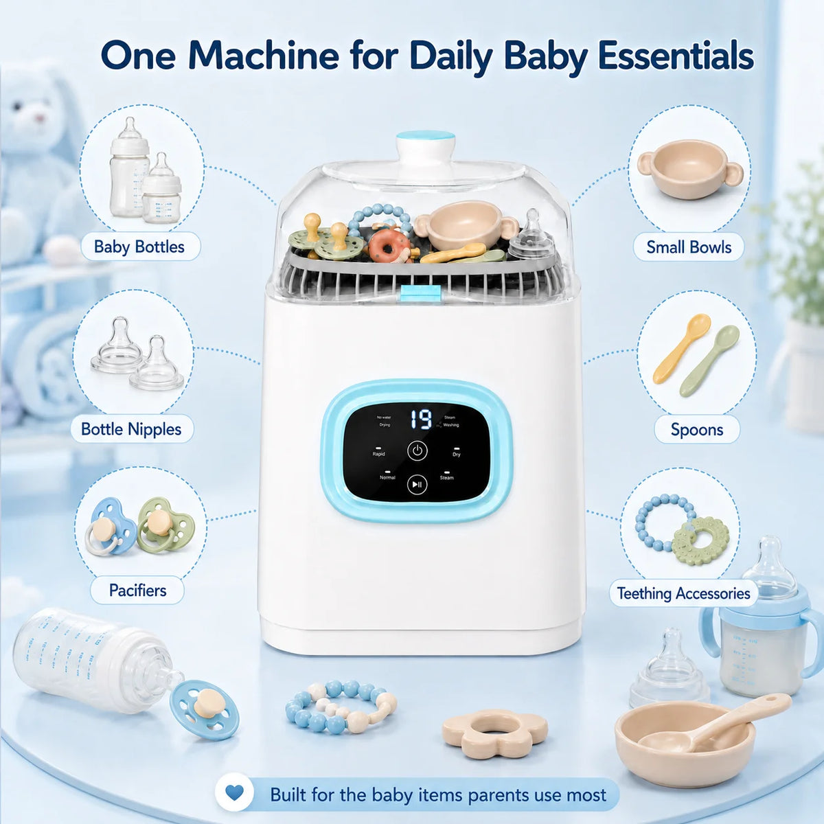 Baby Bottle Washer Dryer and Sterilizer, Bottle Washer Machine Baby, 4‑in‑1 Automatic Washer‑Sterilizer‑Dryer‑Storage Station, Smart Digital Display with Normal & Rapid Dual Wash Modes, 12L Large‑Capacity Baby Fee