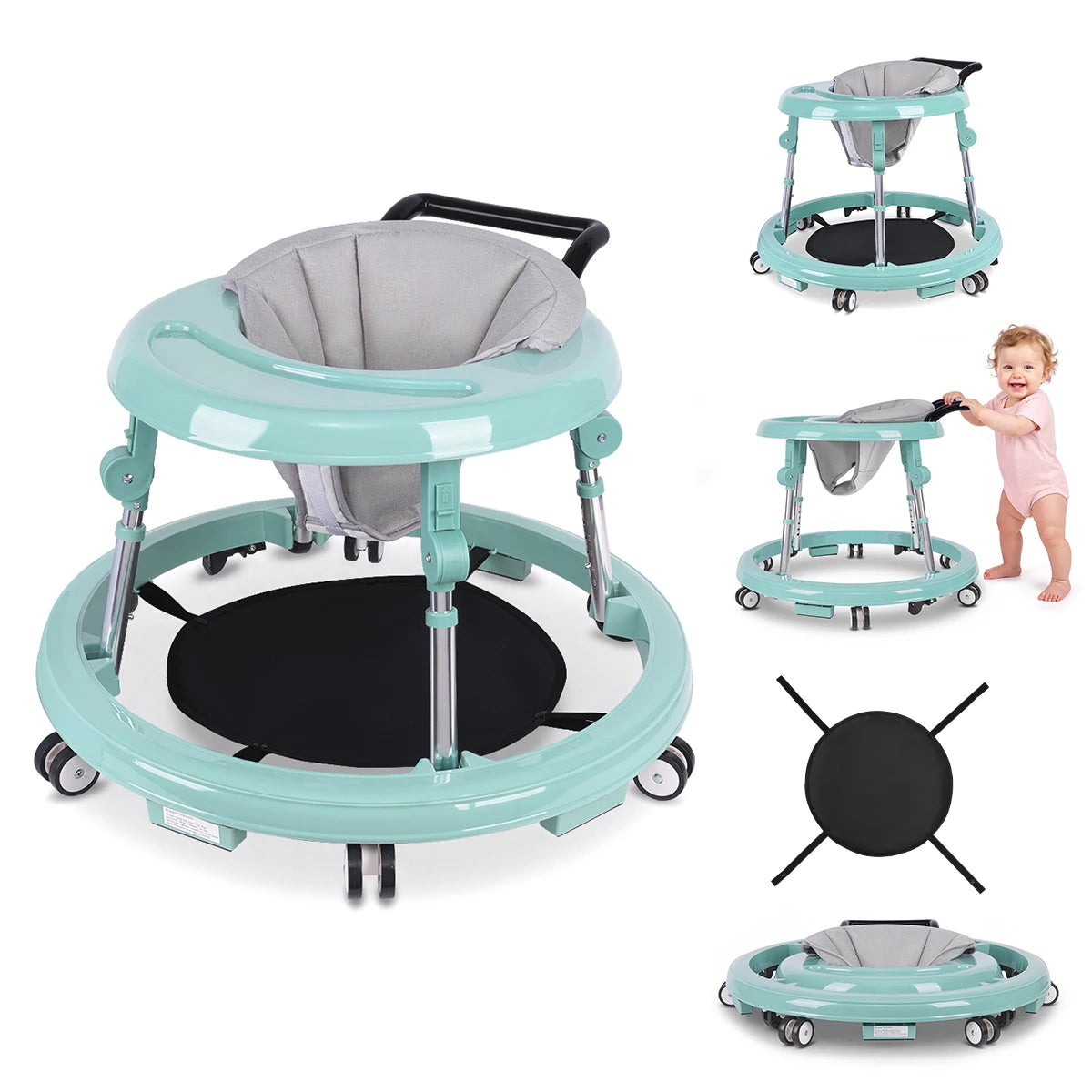 Foldable Anti-Rollover Baby Walker, Height Adjustable Toddler Walking Helper with Anti-Slip Silent Wheels, Soft Washable Seat & Rear Push Handle, Home Safety Anti-Fall Activity Walker for 6-18M Infant