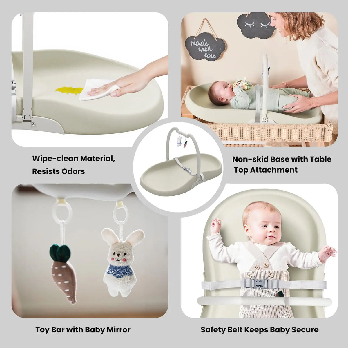 Baby Changing Mat Waterproof & Non-Slip with Washable Cover Safety Belt for Standard Chest of Drawers Changing Table Bed Sofa