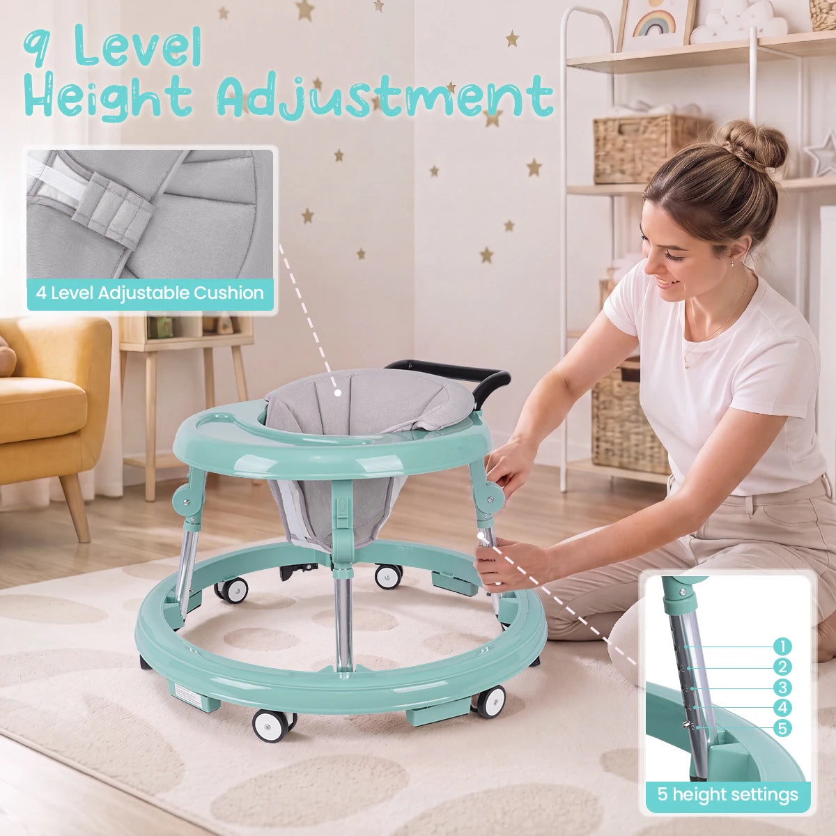 Foldable Anti-Rollover Baby Walker, Height Adjustable Toddler Walking Helper with Anti-Slip Silent Wheels, Soft Washable Seat & Rear Push Handle, Home Safety Anti-Fall Activity Walker for 6-18M Infant