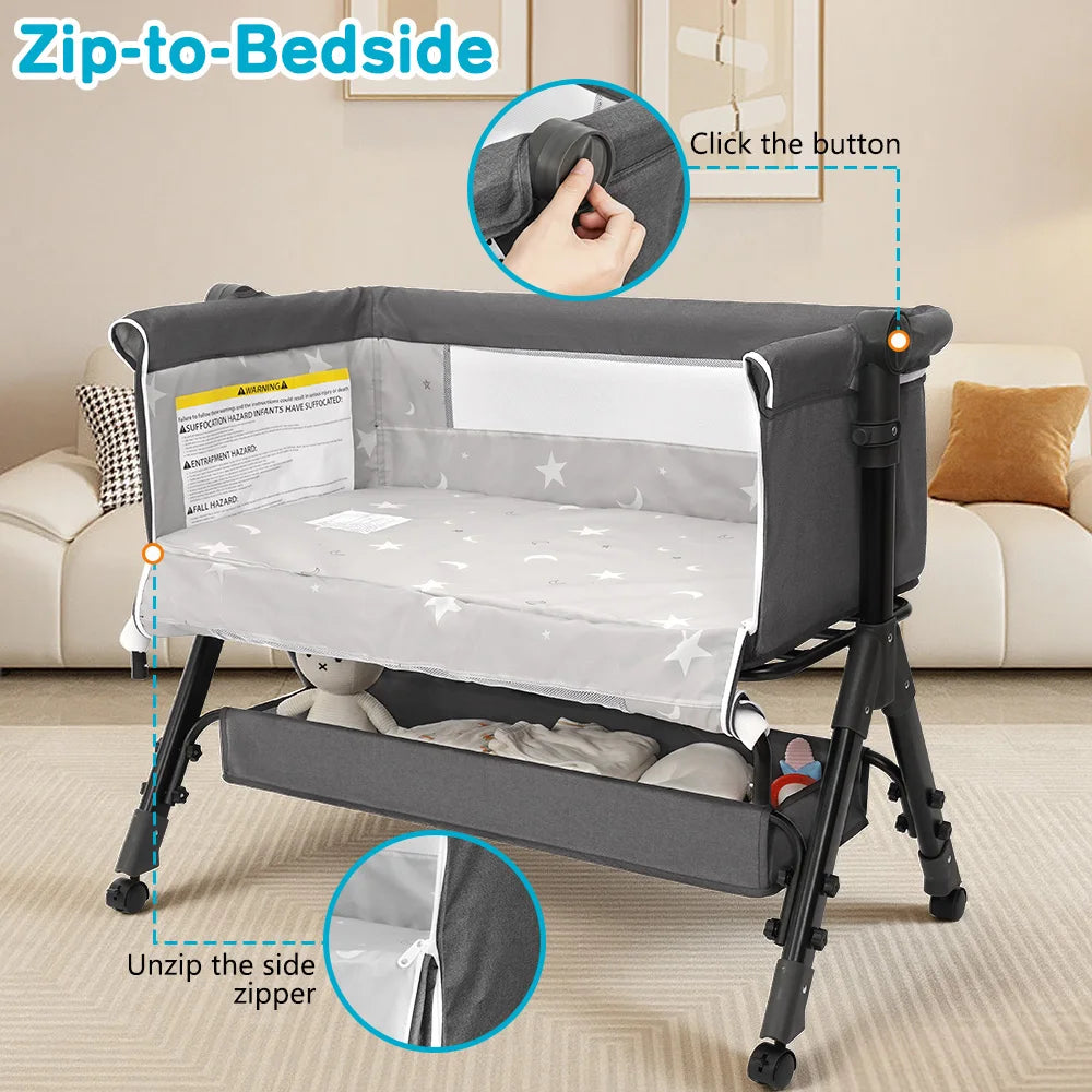 Baby Bedside Bassinet Co‑Sleeper, Height Adjustable Infant Bedside Crib with Mosquito Canopy, Large Storage Basket Lockable Wheels for Newborn, 3 Colors Optional