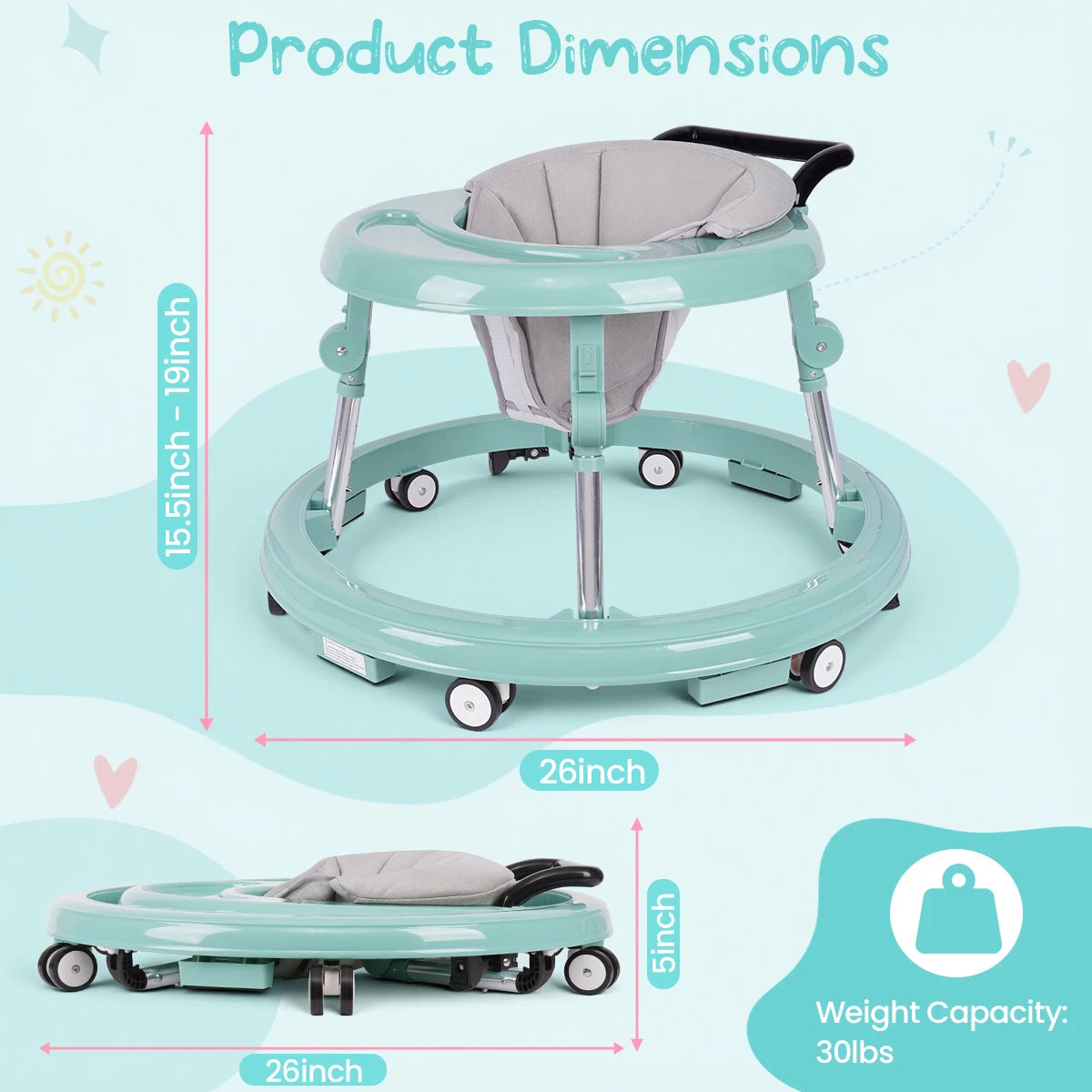 Foldable Anti-Rollover Baby Walker, Height Adjustable Toddler Walking Helper with Anti-Slip Silent Wheels, Soft Washable Seat & Rear Push Handle, Home Safety Anti-Fall Activity Walker for 6-18M Infant