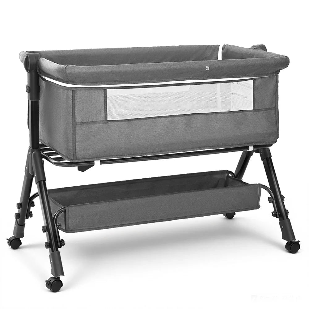 Baby Bedside Bassinet Co‑Sleeper, Height Adjustable Infant Bedside Crib with Mosquito Canopy, Large Storage Basket Lockable Wheels for Newborn, 3 Colors Optional