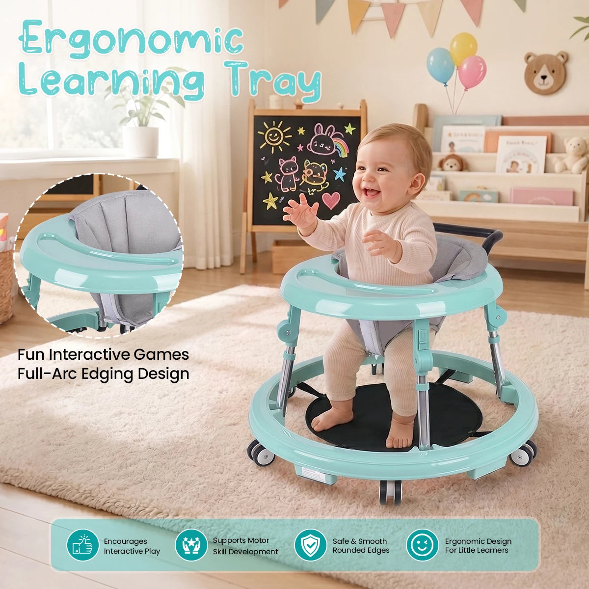 Foldable Anti-Rollover Baby Walker, Height Adjustable Toddler Walking Helper with Anti-Slip Silent Wheels, Soft Washable Seat & Rear Push Handle, Home Safety Anti-Fall Activity Walker for 6-18M Infant