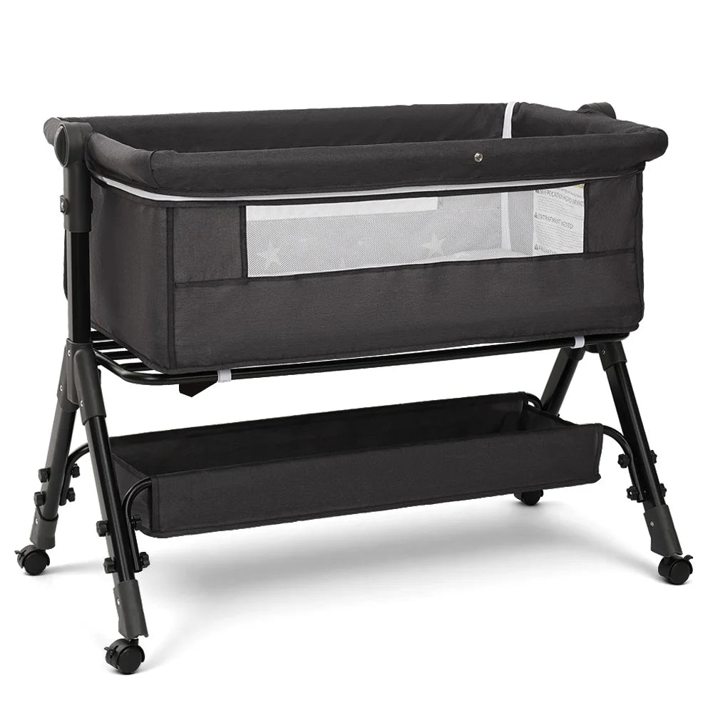 Baby Bedside Bassinet Co‑Sleeper, Height Adjustable Infant Bedside Crib with Mosquito Canopy, Large Storage Basket Lockable Wheels for Newborn, 3 Colors Optional