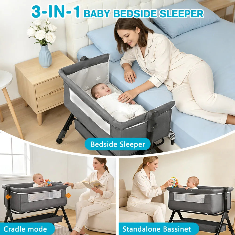Baby Bedside Bassinet Co‑Sleeper, Height Adjustable Infant Bedside Crib with Mosquito Canopy, Large Storage Basket Lockable Wheels for Newborn, 3 Colors Optional
