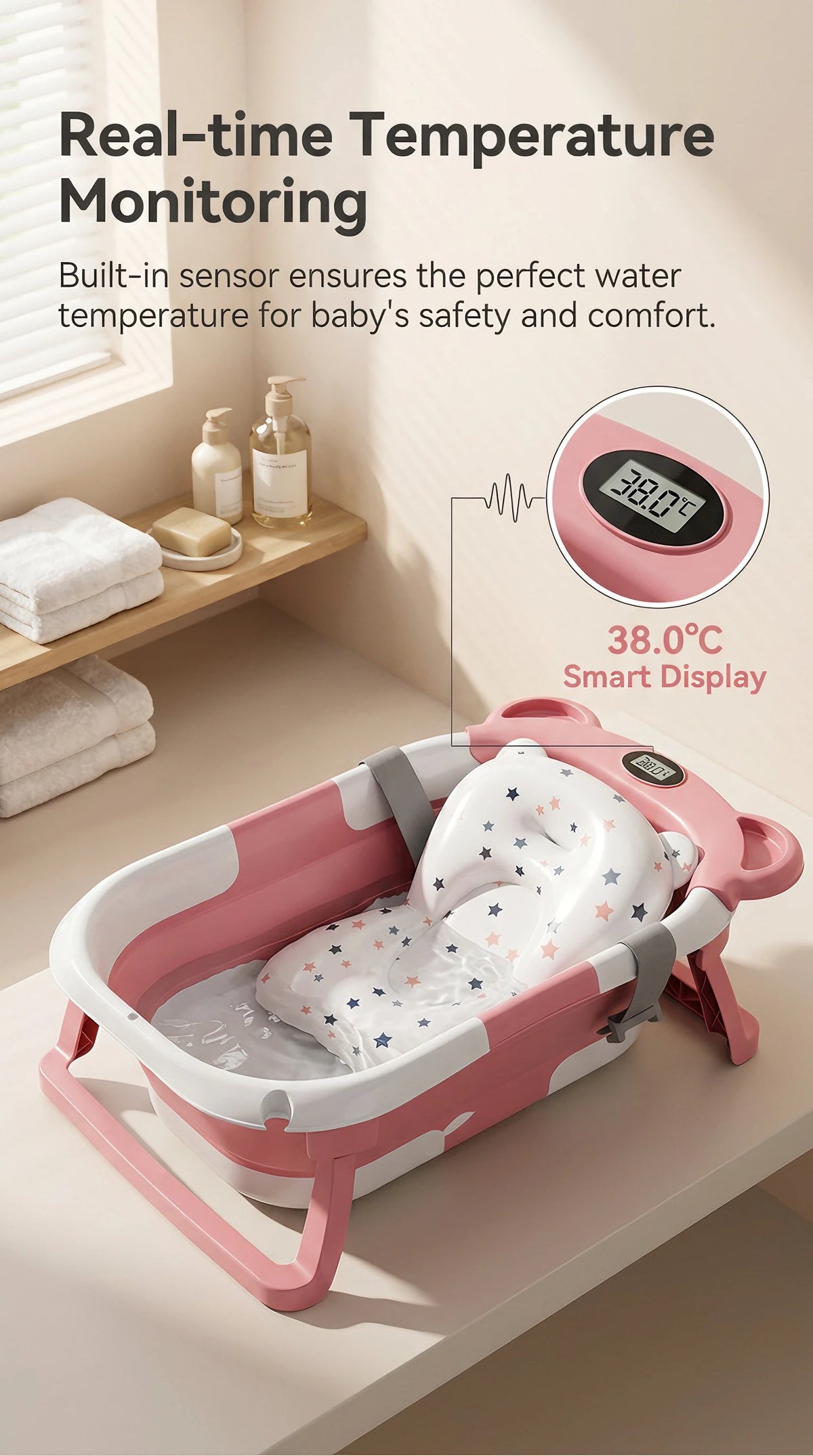 UBRAVOO Foldable Baby Bathtub Set With Detachable Parts And Temperature Display; Suitable For Newborns And Infants Aged 0 To 36 Months.