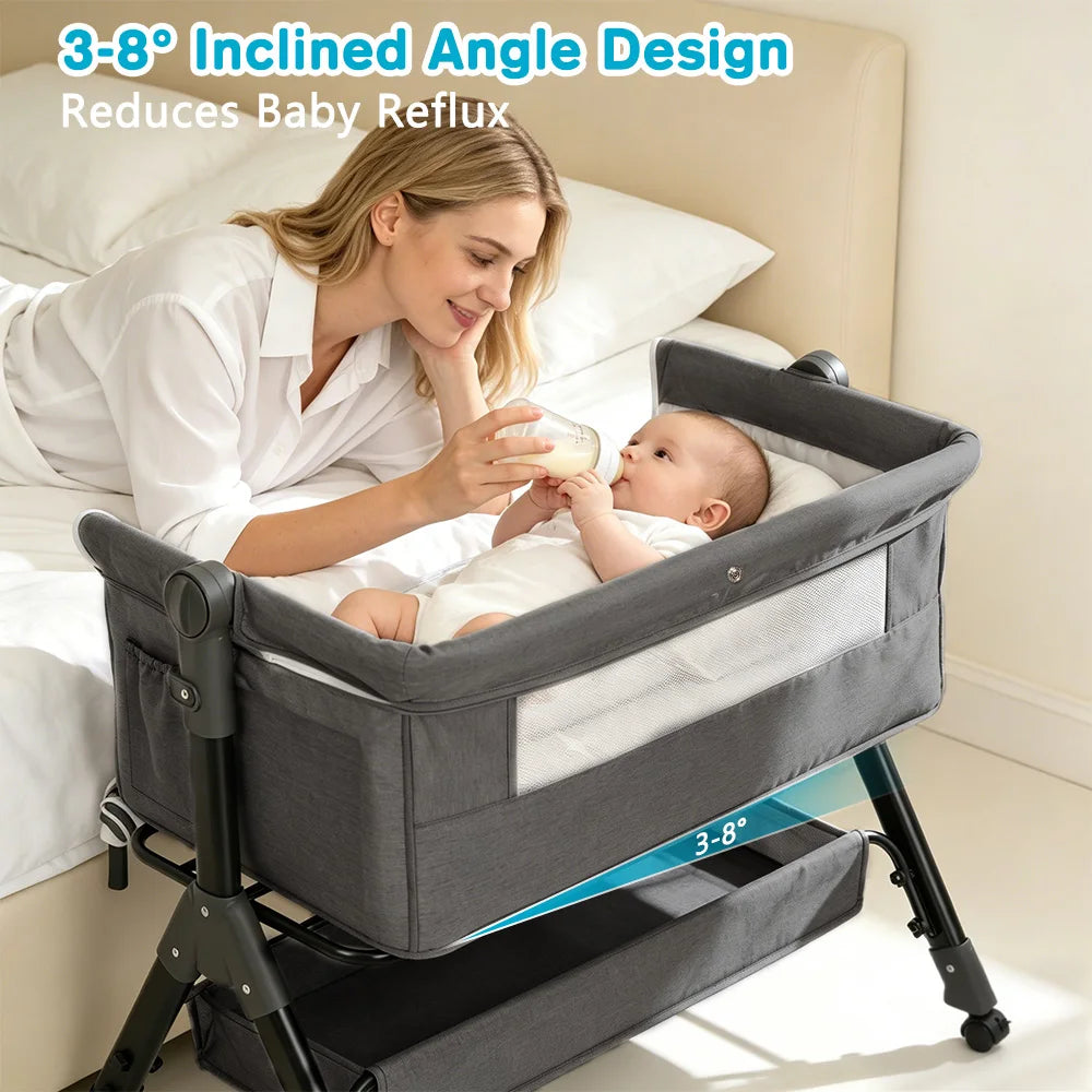 Baby Bedside Bassinet Co‑Sleeper, Height Adjustable Infant Bedside Crib with Mosquito Canopy, Large Storage Basket Lockable Wheels for Newborn, 3 Colors Optional