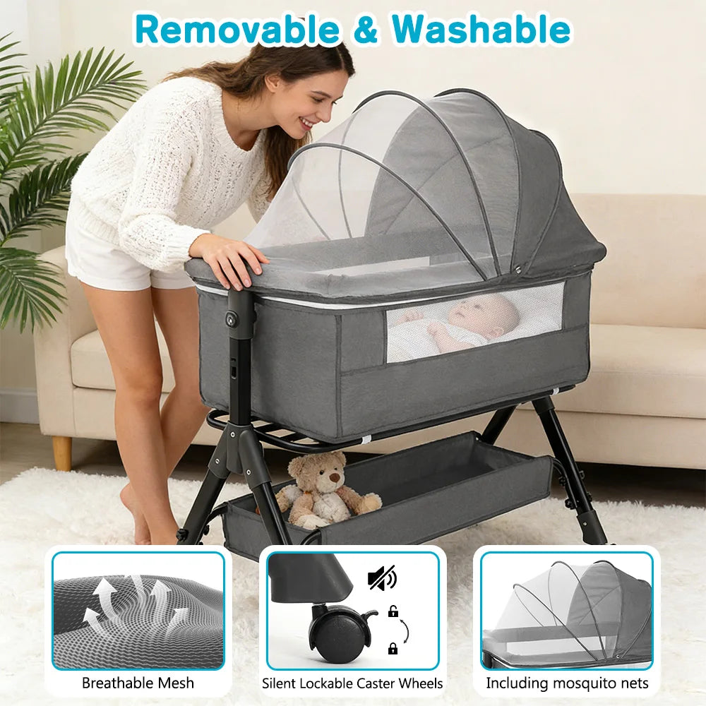 Baby Bedside Bassinet Co‑Sleeper, Height Adjustable Infant Bedside Crib with Mosquito Canopy, Large Storage Basket Lockable Wheels for Newborn, 3 Colors Optional