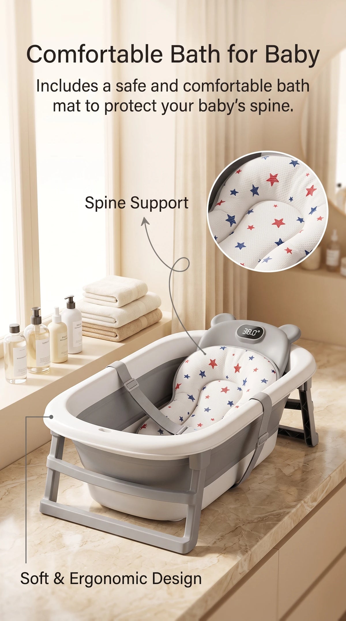 UBRAVOO Foldable Baby Bathtub Set With Detachable Parts And Temperature Display; Suitable For Newborns And Infants Aged 0 To 36 Months.