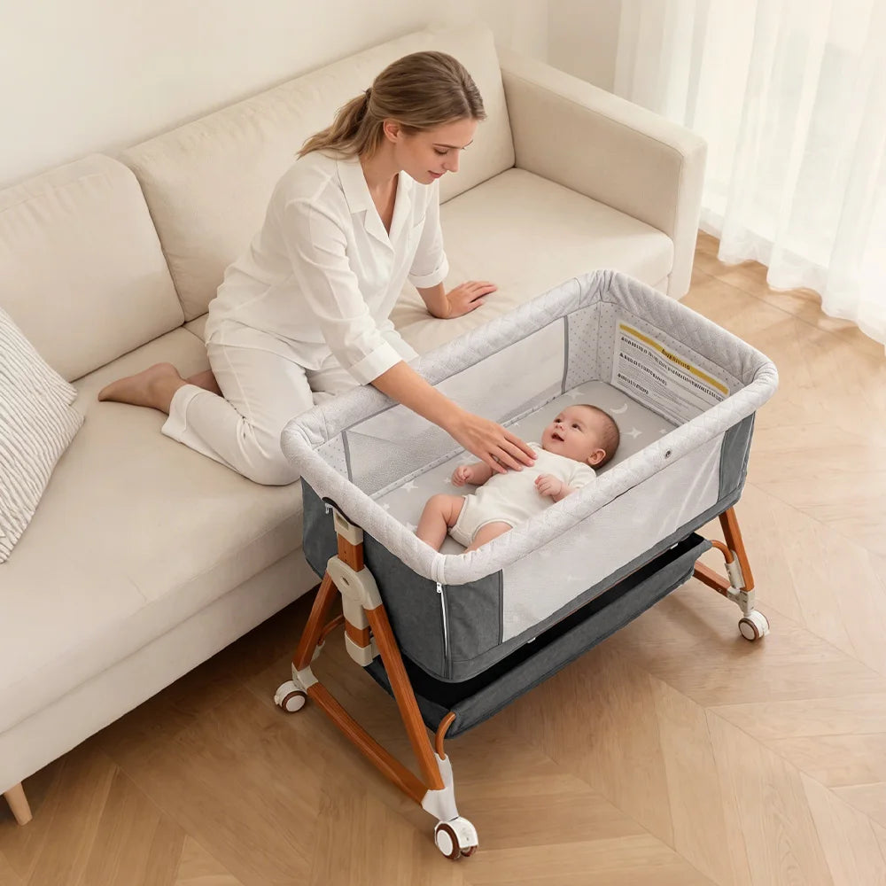 Heavy‑Duty Bedside Baby Bassinet Sleeper Kmaier  Grey Minimalist Co‑Sleeper Crib with Large Storage Bin, Height Adjustable Wooden‑Grain Frame, Breathable Mesh Safe Rocking Bassinet for Newborn Boy Girl