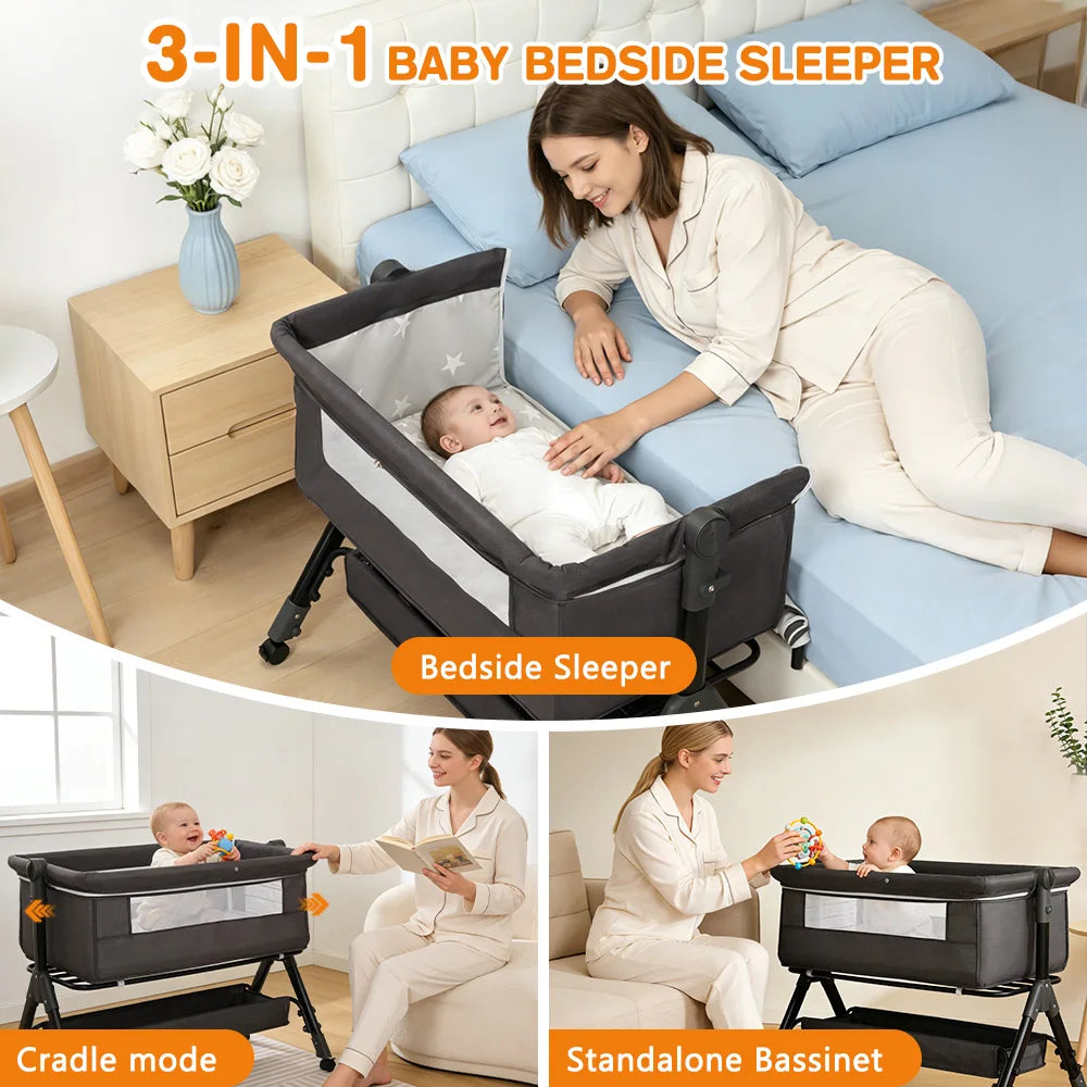 3 in 1 Baby Bassinet Bedside Sleeper, Easy to Assemble & Foldable Portable Baby Cradle for Newborns