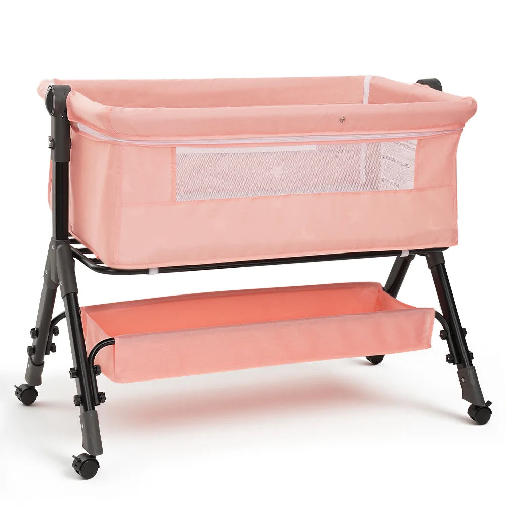 Baby Bedside Bassinet Co‑Sleeper, Height Adjustable Infant Bedside Crib with Mosquito Canopy, Large Storage Basket Lockable Wheels for Newborn, 3 Colors Optional