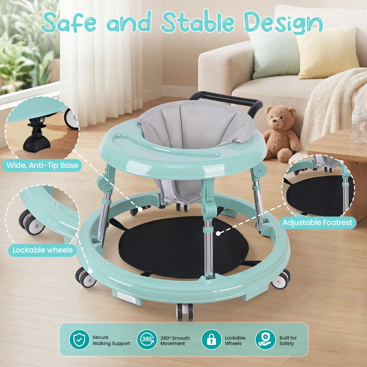 Foldable Anti-Rollover Baby Walker, Height Adjustable Toddler Walking Helper with Anti-Slip Silent Wheels, Soft Washable Seat & Rear Push Handle, Home Safety Anti-Fall Activity Walker for 6-18M Infant