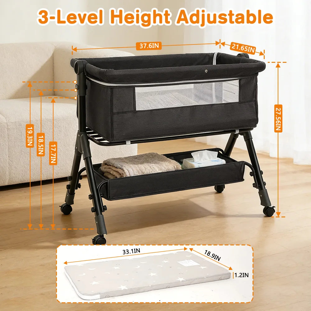3 in 1 Baby Bassinet Bedside Sleeper, Easy to Assemble & Foldable Portable Baby Cradle for Newborns