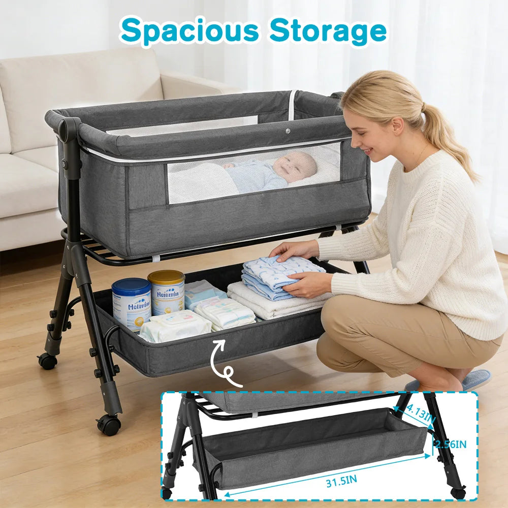 Baby Bedside Bassinet Co‑Sleeper, Height Adjustable Infant Bedside Crib with Mosquito Canopy, Large Storage Basket Lockable Wheels for Newborn, 3 Colors Optional