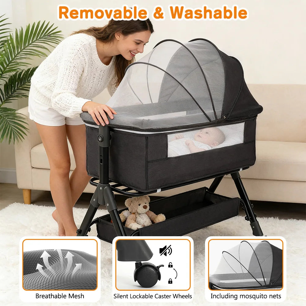 3 in 1 Baby Bassinet Bedside Sleeper, Easy to Assemble & Foldable Portable Baby Cradle for Newborns