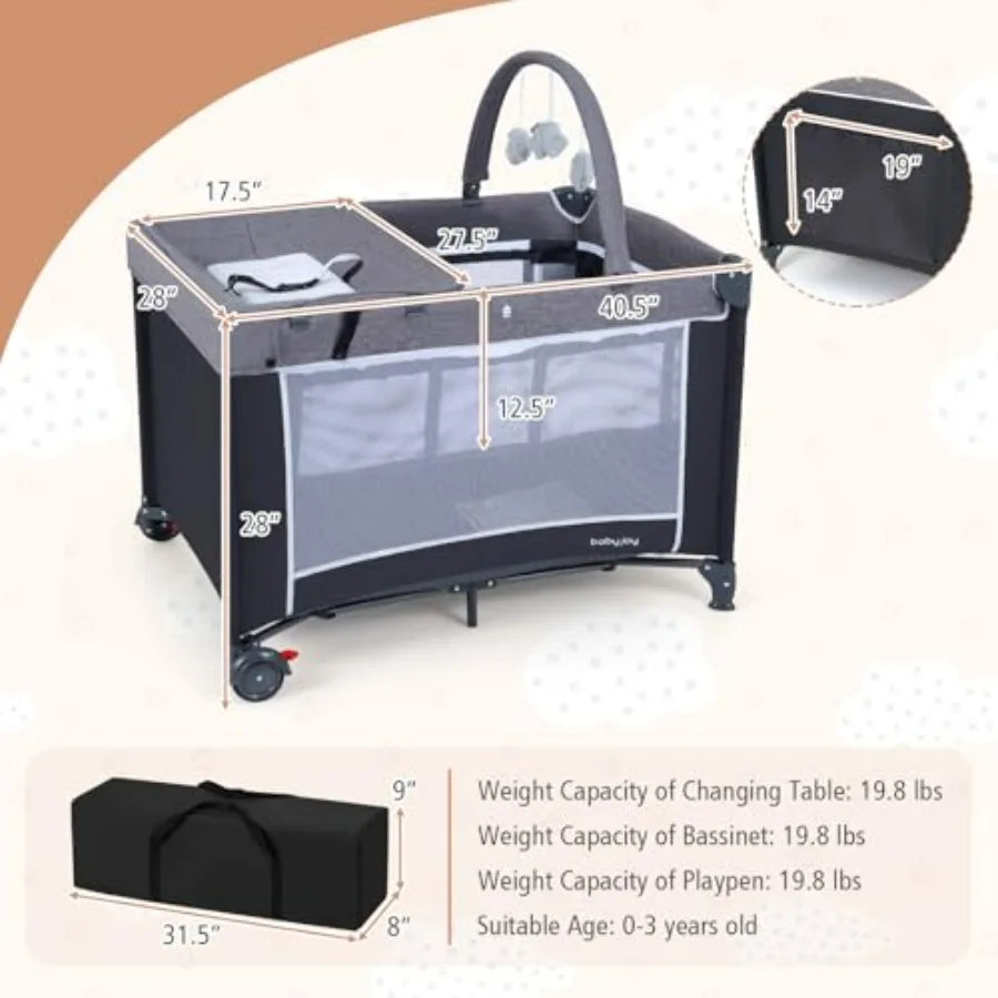 3 in 1 Pack and Play Travel Crib Bassinet Bed for Baby with Changing Table Safety Belt Toy Bar Lockable Wheels Portable Baby P