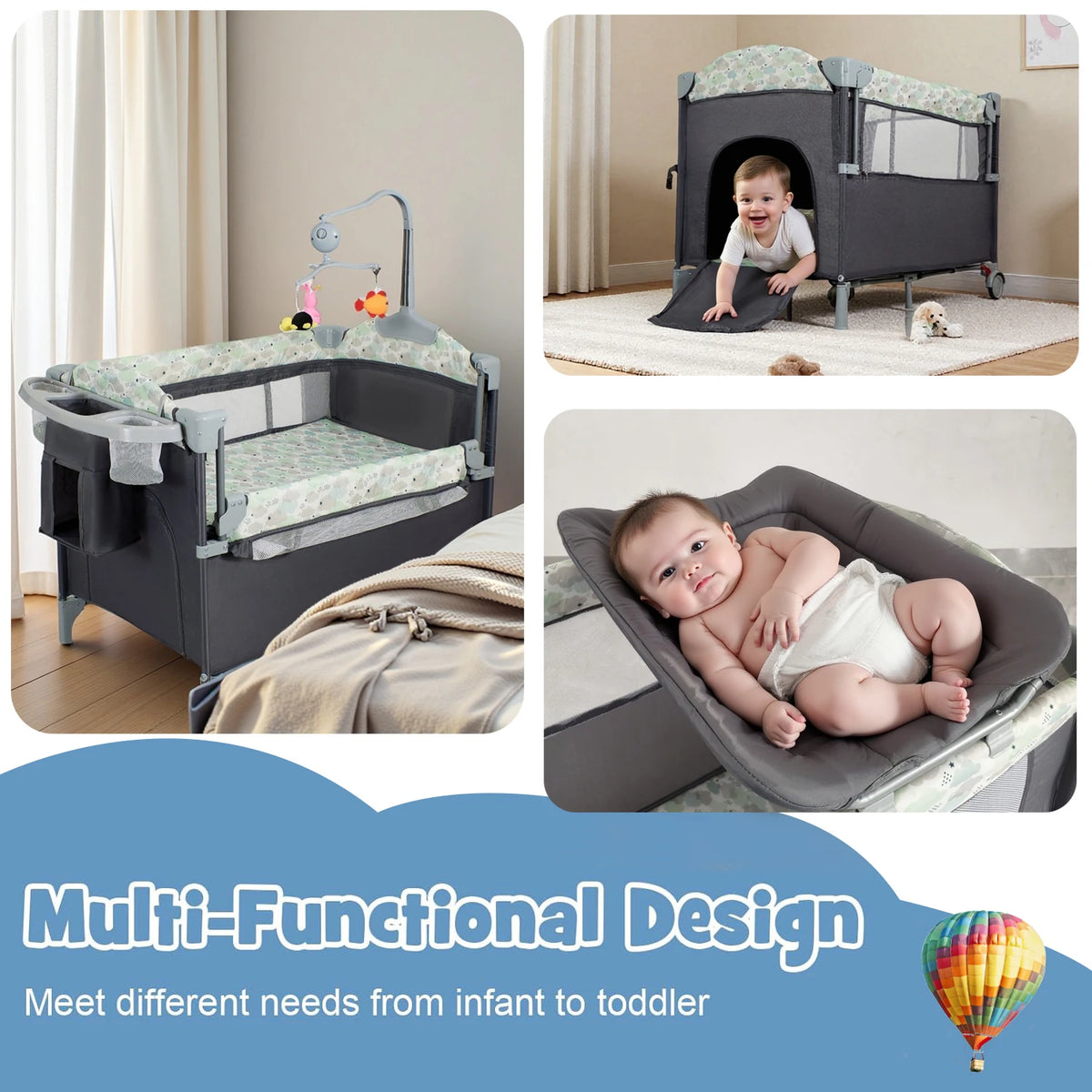 Steanny Pack N Play, Playard with Bassinet, Bedside Pack and Play, Baby Travel Bassinet, Fodle Playpen with Wheels