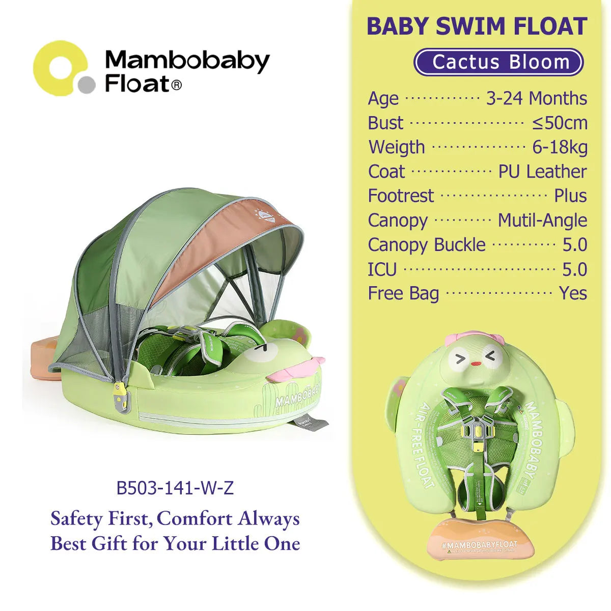 Mambobaby Baby Pool Float with Canopy & Tile Baby Swim Ring Infant Swimming Trainer Circle With Adjustable Strap for Boys Girls