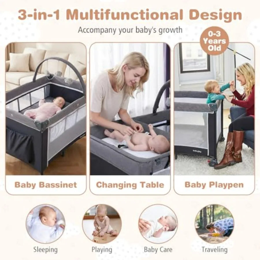 3 in 1 Pack and Play Travel Crib Bassinet Bed for Baby with Changing Table Safety Belt Toy Bar Lockable Wheels Portable Baby P