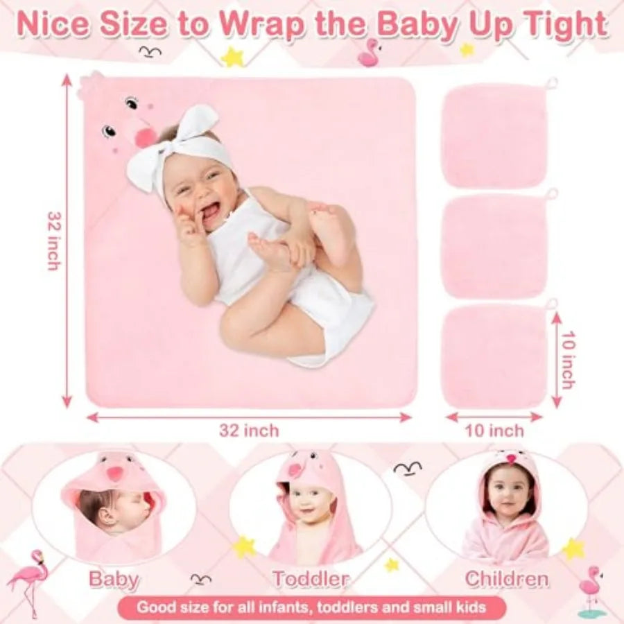 4 Pcs Baby Towels and Washcloths Set, Hooded Baby Towel, Soft and Absorbent Baby Bath Towels, 32x32 in Baby Towel with Hood and