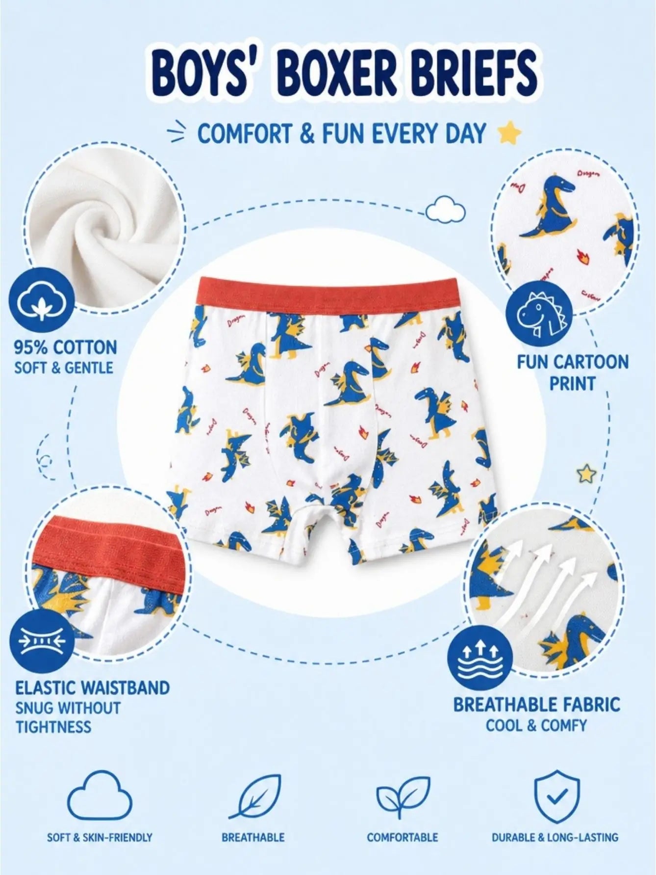 Kids Boys Cotton Underwears 12 Pack, Soft Boxer Briefs With Non-Roll Waistband, Cute Dino Print Undies For School & Daily Play